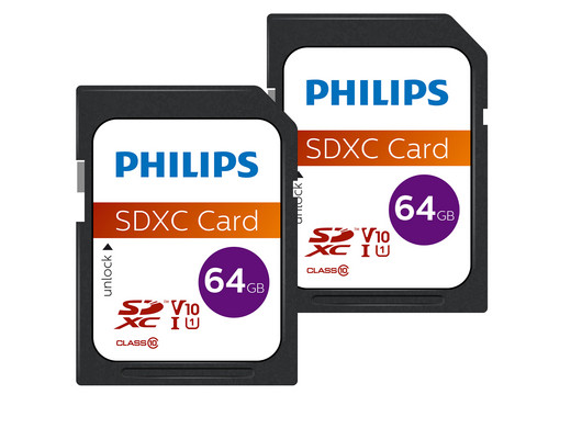 2x Philips 64 GB SDXC Kaart | Class 10 | UHS-I U1 | FM64SD55B